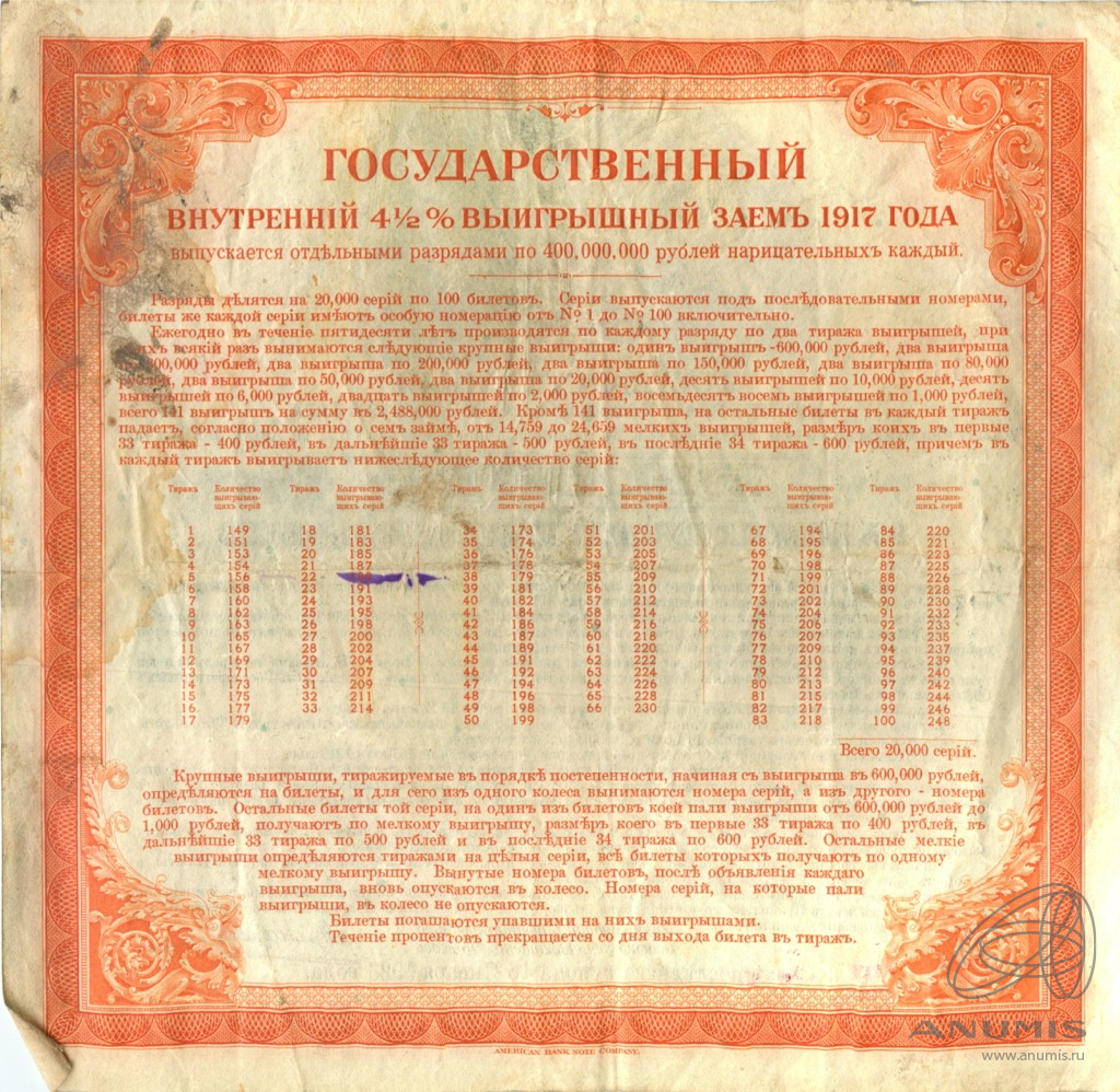 Билет в 200 рублей нарицательных 1919 — Государственный 4 ½% выигрышный заем, Временное Правительство. Разряд второй (Разряд II (Оранжевый))