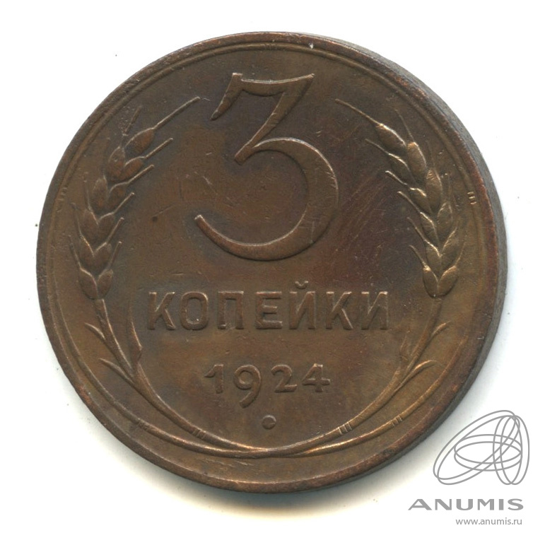 3 копейки 1924 — Гурт гладкий. На Николаевском кружке. В капсуле