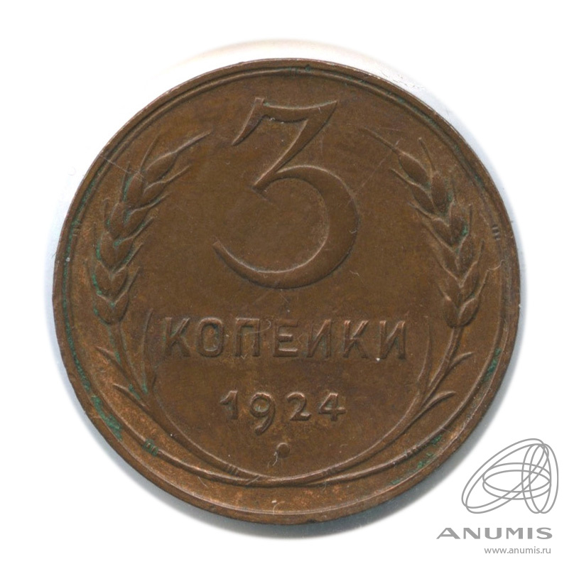 3 копейки 1924 — Гурт гладкий. На Николаевском кружке. В холдере