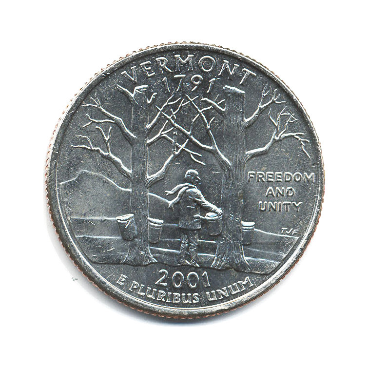 Монеты 2001 года цена стоимость монеты. 25 Центов Вермонт 2001. 25 Центов 2001 США. Монета 25 центов.