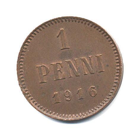 1 пенни 1916 — Для Финляндии. Вензель Николая II