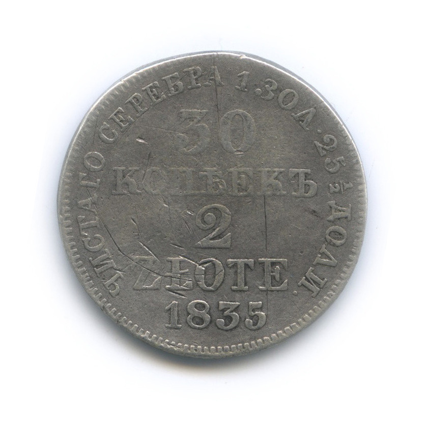 30 копеек/2 злотых 1835 МW — Русско-Польские монеты