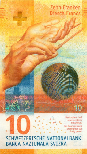 10 франков (была признана самой красивой банкнотой сообществом International Bank Note Society) 2017