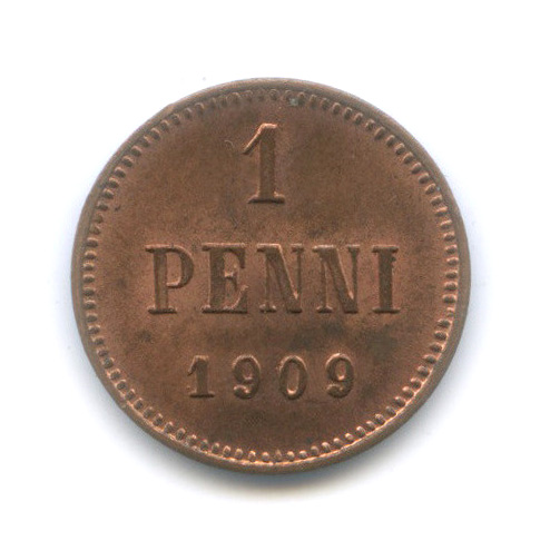 1 пенни 1909 — Для Финляндии. Вензель Николая II