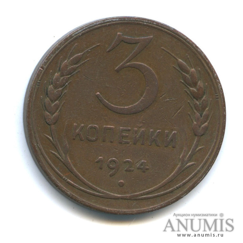 3 копейки 1924 — Гурт гладкий. На Николаевском кружке