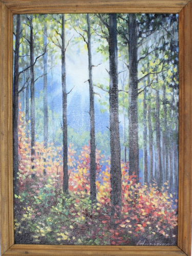 Картина «Солнце в лесу», 24×32 см, масло, холст на картоне