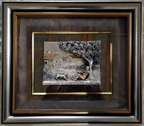 Барельеф «Мальчик с собакой» 40×35см Серебрение, позолота Brunel