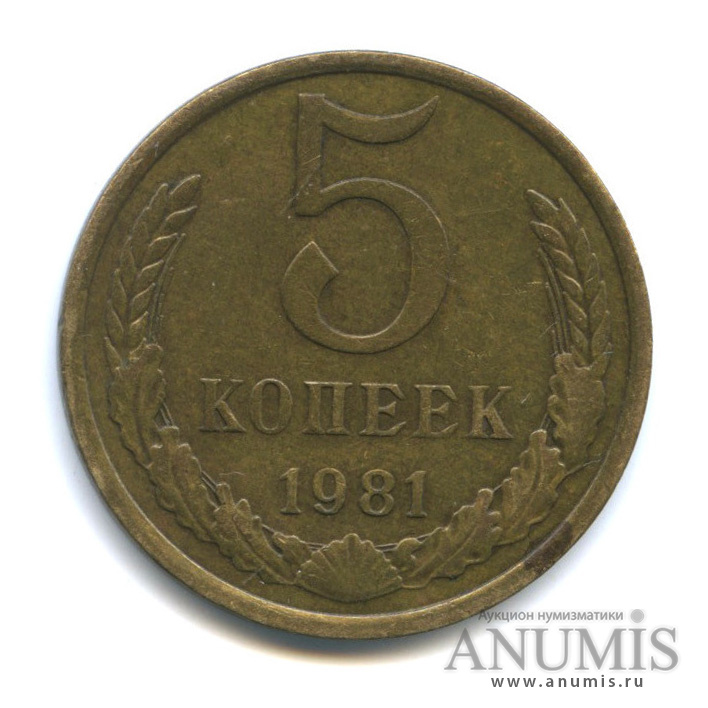 5 копеек 1981 — Редкая разновидность - цифра номинала и венок отдалены от канта, Федорин-131