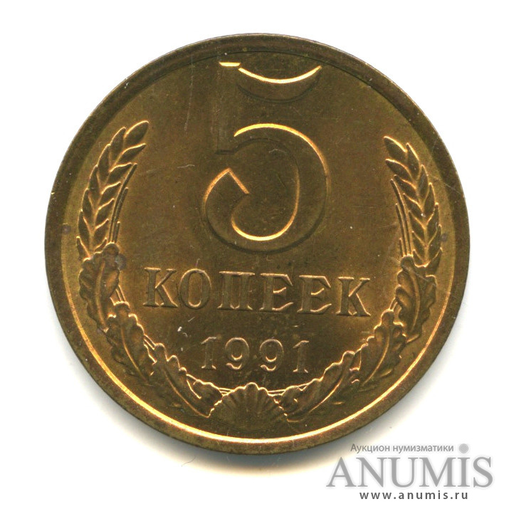 5 копеек 1991 Л — Монета в лаке
