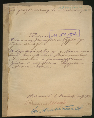Лот документов, повесток, непочтовые марки, дело № 123 «Местный народный судья Буинского уезда Татария» — 1919 г