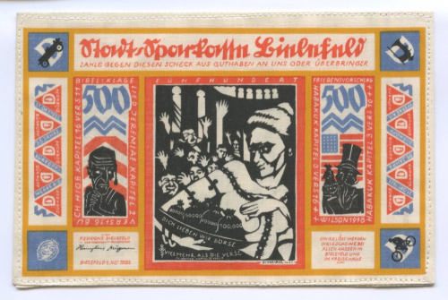 500 марок, нотгельд Билефельда, на ткани 1923