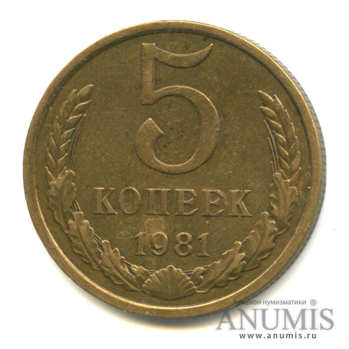 5 копеек 1981 — О/с-шт.А, цифра номинала и венок отдалены от канта, Федорин-131