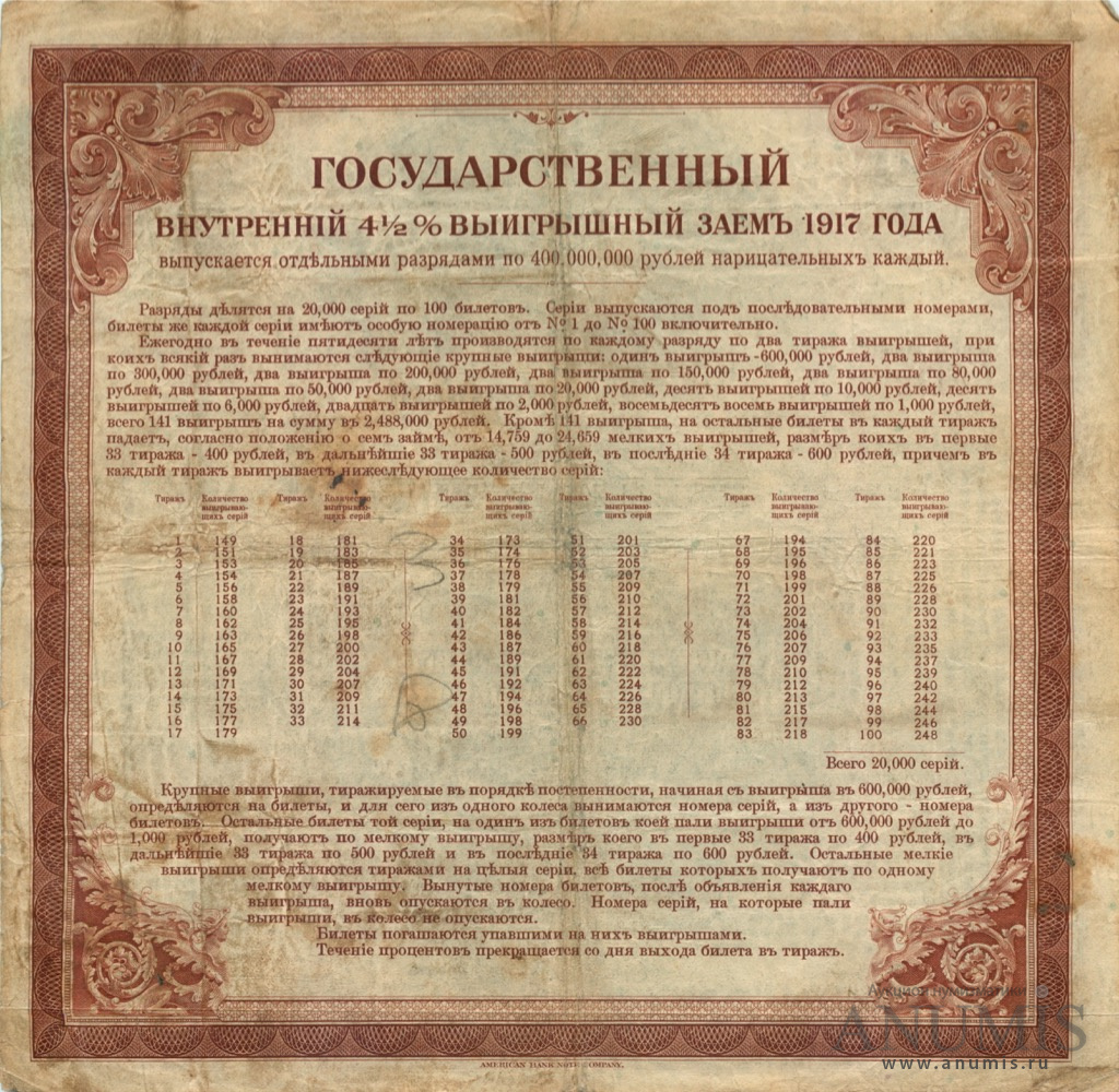 Билет в 200 рублей нарицательных 1920 — Государственный 4 ½% выигрышный заем, Временное Правительство. Разряд пятый (Разряд 5 (Надпечатка синяя))