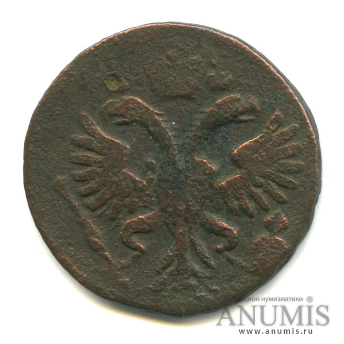 Деньга (½ копейки) 1731 — (½ копейки) - Орел 1730 г. Над годом 2 черты. Перечекан из копейки Петра I (Над годом нет черты)