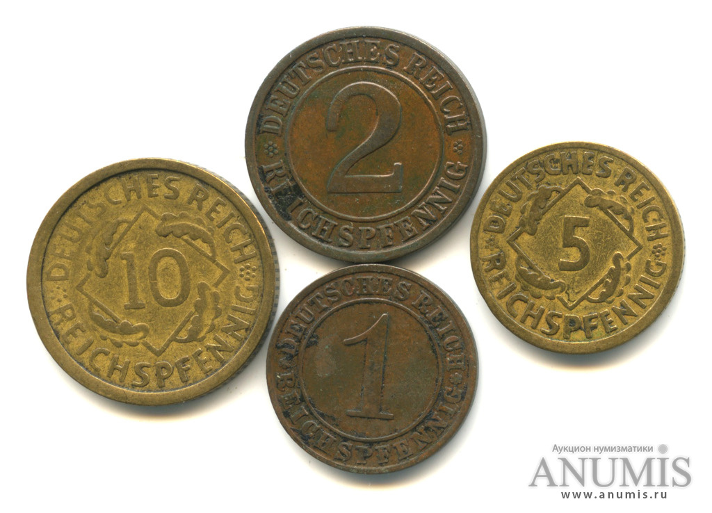Лот монет 1, 2, 5 и 10 рейхспфеннигов, 4 шт 1924,1925