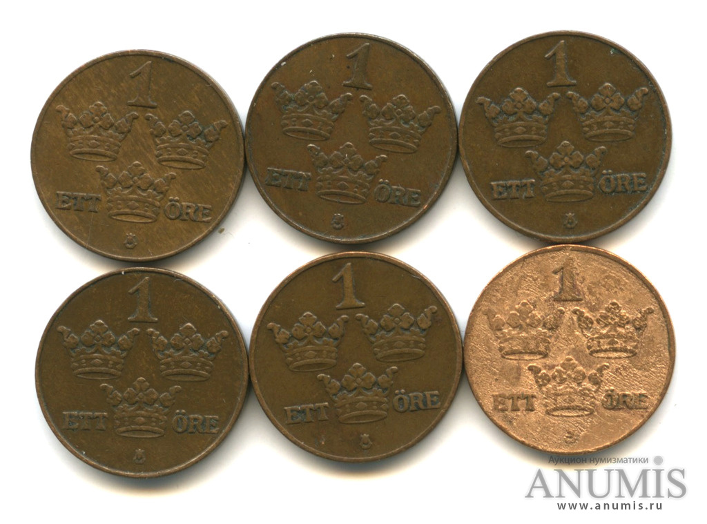 Лот монет 1 эре, 6 шт 1921 года