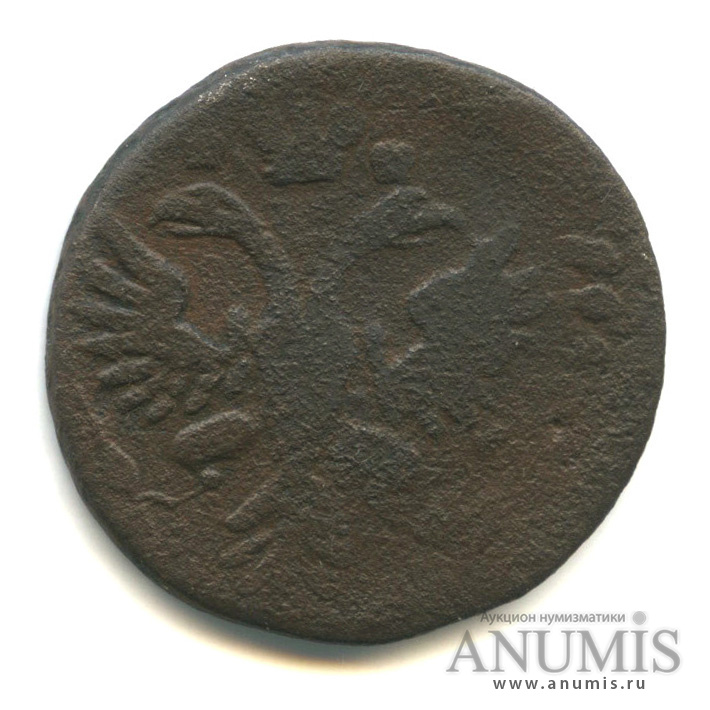 Деньга (½ копейки) 1731 — (½ копейки) - Орел 1730 г. Над годом 2 черты, перечекан из копейки Петра (Над годом нет черты)