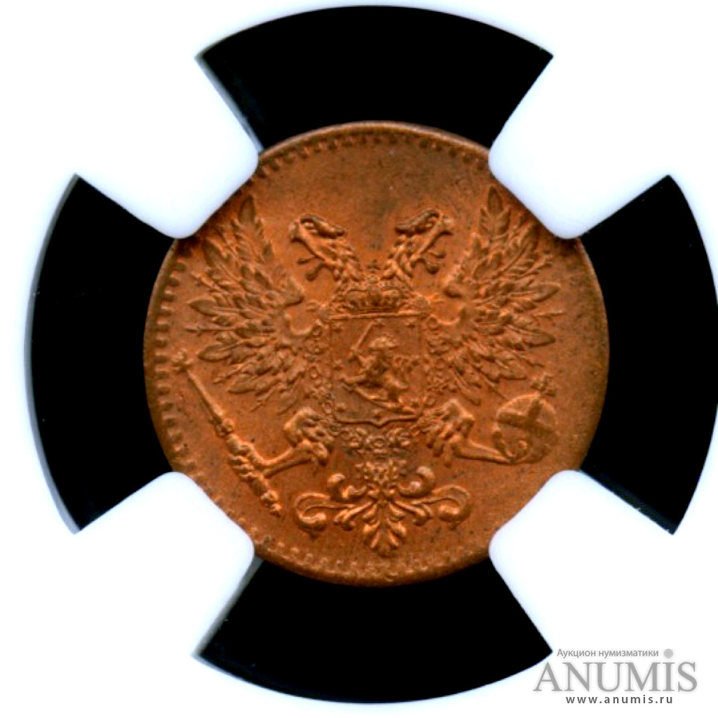 1 пенни 1917 — Для Финляндии. Орел- Монета в слабе ННР - MS 64 RD Блеск «красной меди»