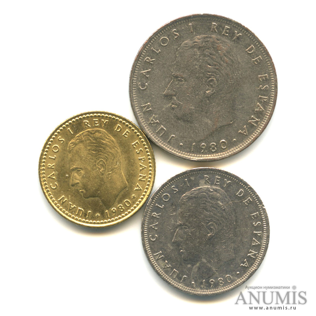 Лот монет 1, 5, 25 песет 1980 «Чемпионат по футболу 1982, 3 шт. 1980 ...