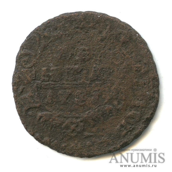 Деньга (½ копейки) 1731 — (½ копейки) - Орел 1730 г. Над годом 2 черты, перечекан из Петровской копейки (Над годом нет черты)