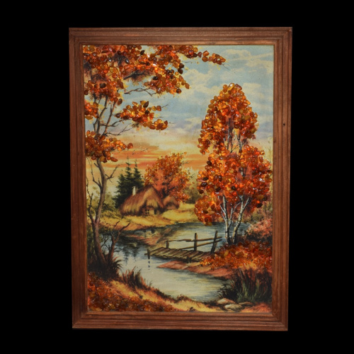 Картина «Домик в лесу» Размер 32,5×23,5 см. Дерево, янтарь