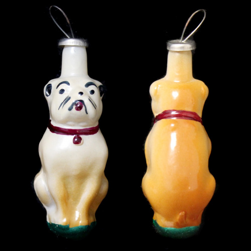 Елочная игрушка стеклянная «Бульдог» (редкая, 6,5 см) 1950-е