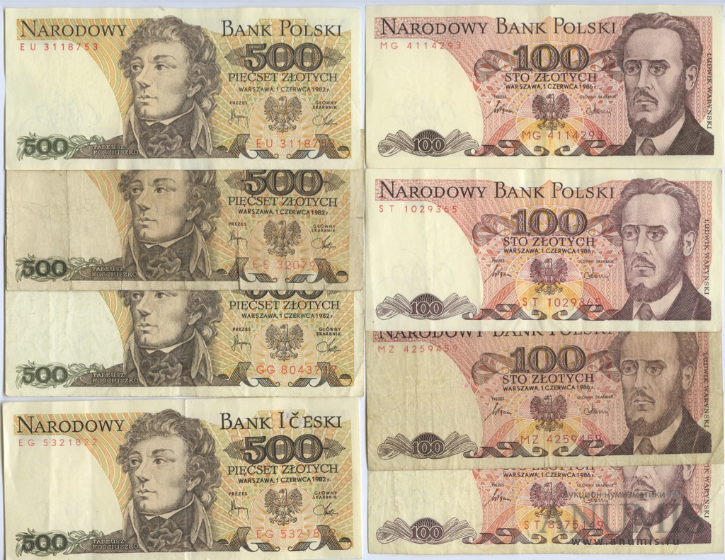 8 на купюрах. Банкнота 500 злотых 1982. 500 Злотых купюра. 100 Польских злотых в рублях 1986г. Современные 200 и 500 злотых год выпуска.