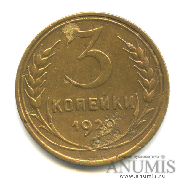 3 копейки 1929 — Венок 7 лент. Круговая надпись