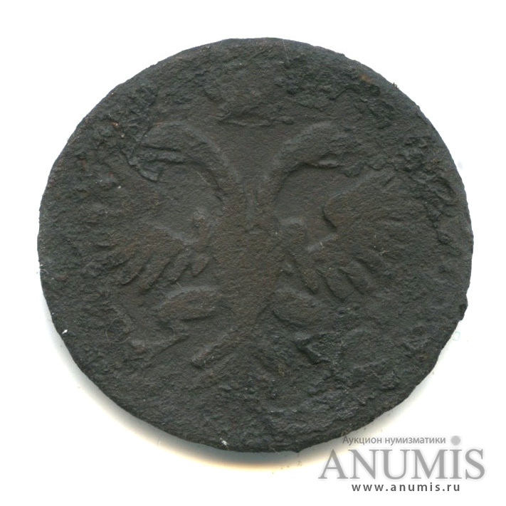 Деньга (½ копейки) 1731 — (½ копейки) - Орел 1730 г. Над годом 2 черты. Перечекан из копейки Петра (Над годом нет черты)