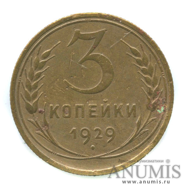 3 копейки 1929 — Венок 7 лент. Круговая надпись