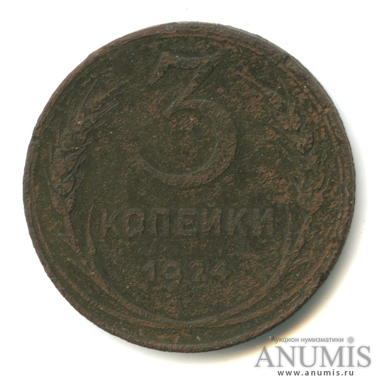 3 копейки 1924 — Гурт гладкий. На Николаевском кружке