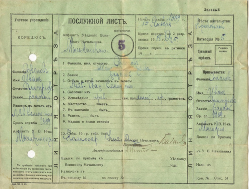 Лот документов: послужной лист на рядового Лейб-гвардии Семеновского полка, приказ по Лейб-гвардии Семеновскому полку на 1 ноября 1905 года (с утратами), 2 шт