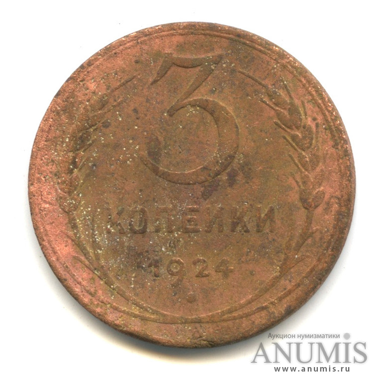 3 копейки 1924 — Гурт гладкий. На Николаевском кружке