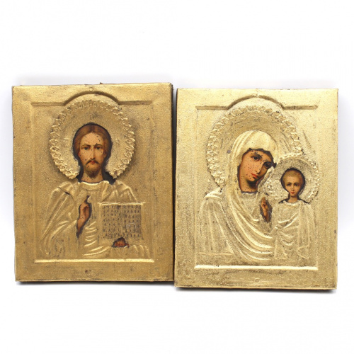 Лот икон в окладе «Венчальная пара», 2 шт. Размер 14,5×18 см. 18 век. С повреждениями