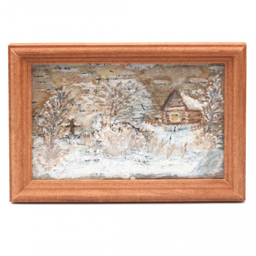 Картина «Зимний пейзаж», масло, на бересте, в рамке. Размер 17×12 см