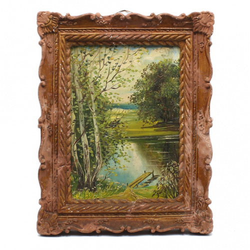 Картина «Пейзаж». Масло, гипс, эмаль. Размер 22×28 см. Дефекты: рама со сколами с обратной стороны