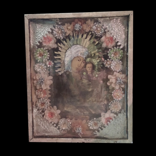 Икона старинная «Казанская божья матерь». В окладе. Размер 51×41 см