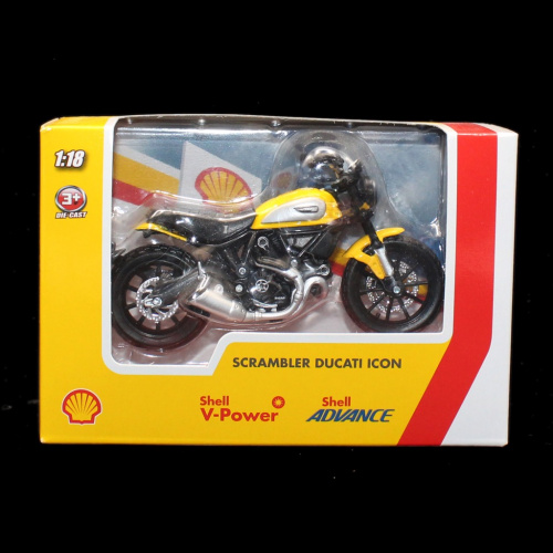 Масштабная модель мотоцикла «Scrambler Ducati Icon». Масштаб 1:18. Shell/Bburago. В упаковке 15,5×10×5,5 см