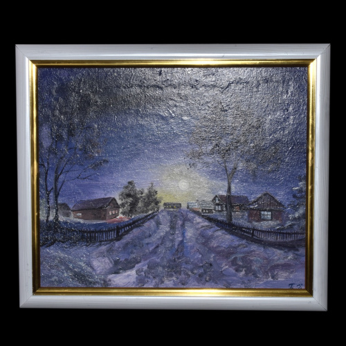 Картина «Ночь в деревне». Масло, холст. Размер 35×29 см. Оформлена, с подписью автора
