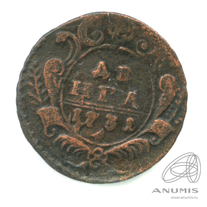Деньга 1731 — (½ копейки) - Орел 1730 г. Над годом 2 черты. соосность 15*. Перечекан (Над годом 2 черты)