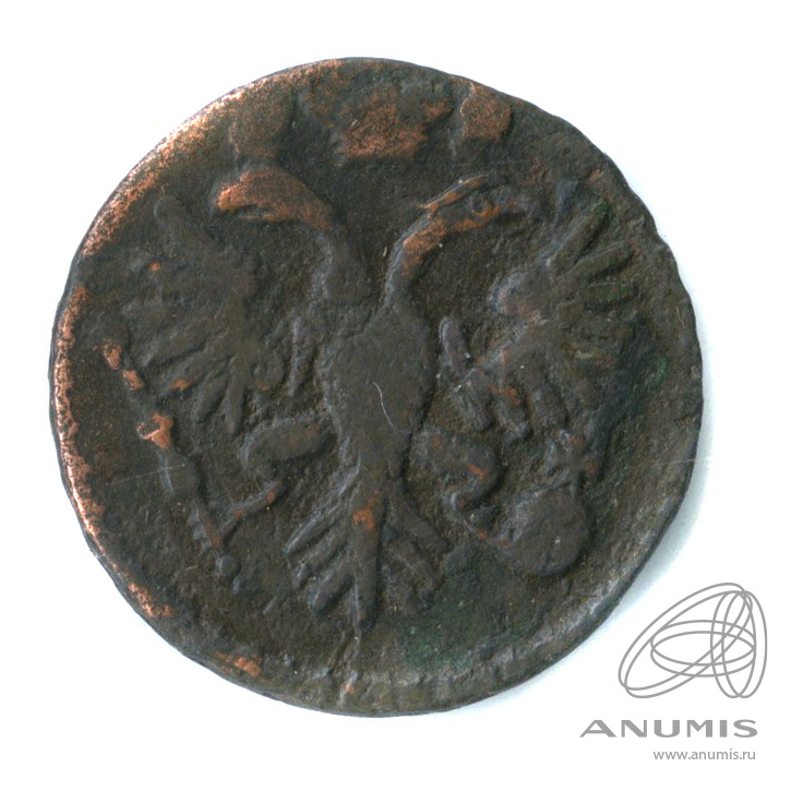 Деньга 1731 — (½ копейки) - Орел 1730 г. Над годом 2 черты. соосность 15*. Перечекан (Над годом 2 черты)