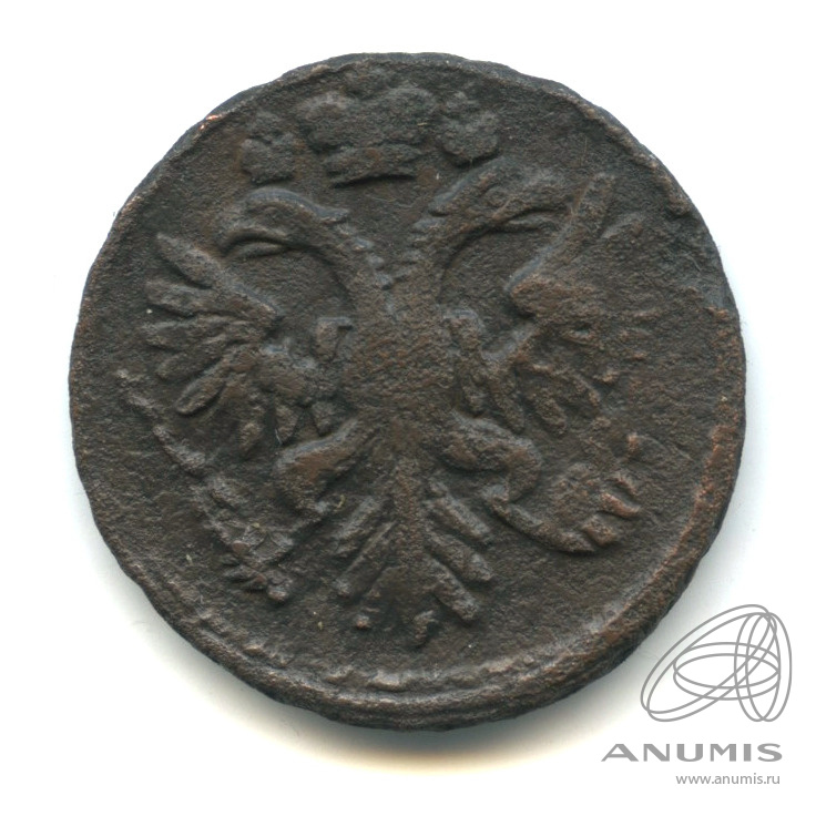Деньга 1731 — (½ копейки) - Орел 1730 г. Над годом 2 черты. Перечекан из петровской копейки (Над годом 2 черты)