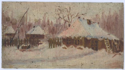 Картина «Зимний деревенский пейзаж». Размер 21×12 см