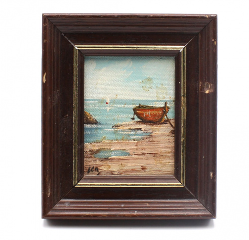 Картина «Лодка». Холст, масло. Деревянная рамка. Подпись. Размер 11,5×13,5 см