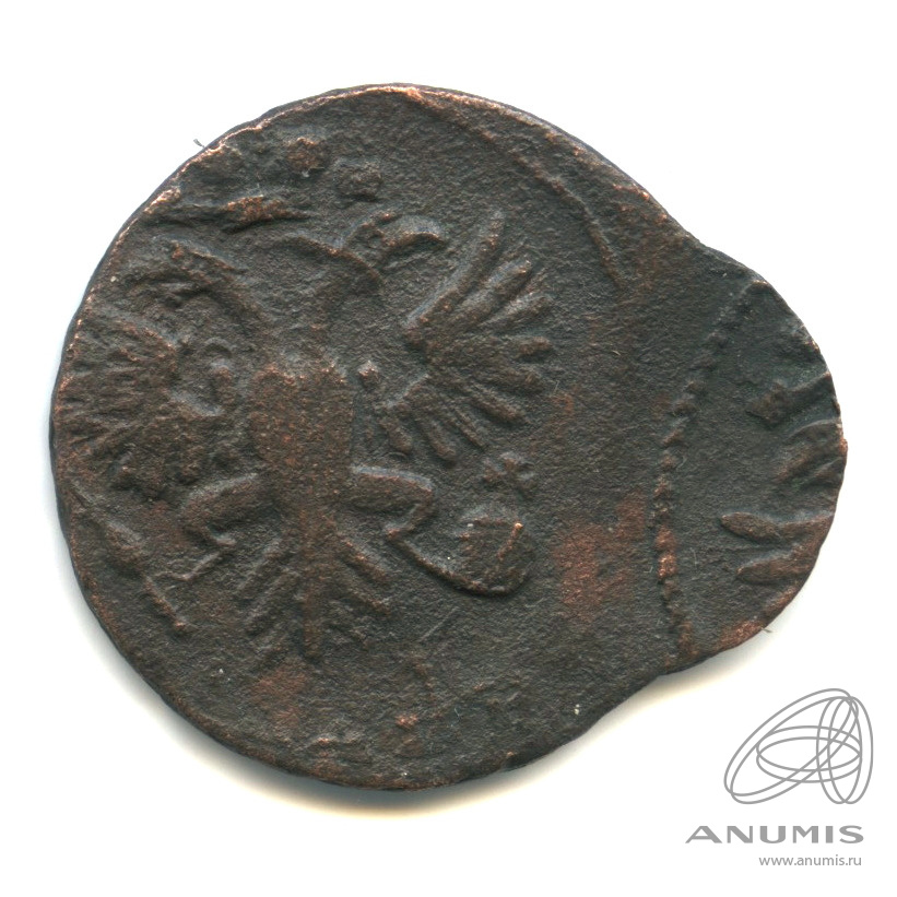 Деньга 1731 — (½ копейки) - Орел 1730 г. Над годом 2 черты. Двойной удар, перечекан из петровской копейки (Над годом 2 черты)