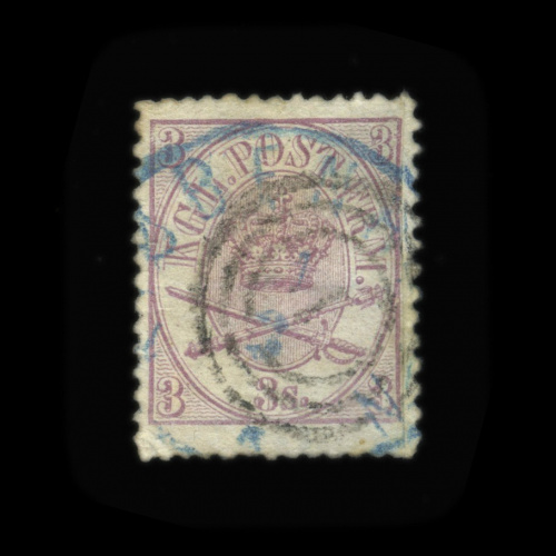Марка 3 скиллинга прошедшая почту. редкая 1864