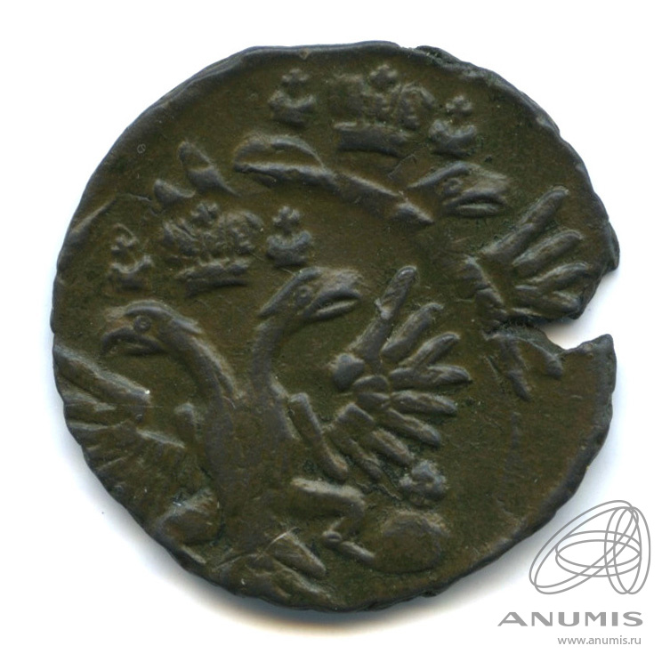 Деньга 1731 — (½ копейки) - Орел 1730 г. Над годом 2 черты?. Двойной удар? (Над годом 2 черты)