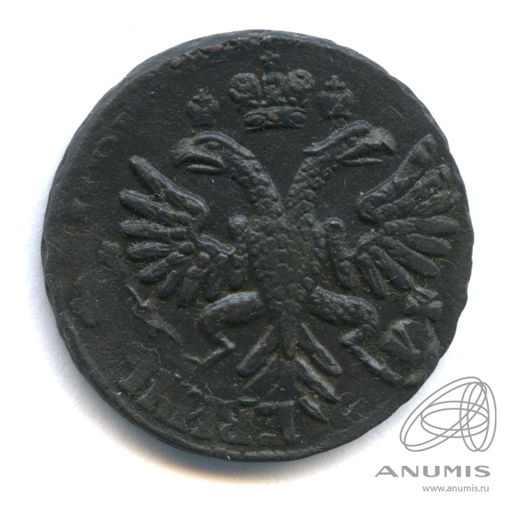 Деньга 1731 — (½ копейки) - Орел 1730 г. Над годом 2 черты. Перечекан из петровской копейки (Над годом 2 черты)