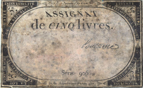 Ассигнация 5 ливров. Серия 9065. Редкая 1798-? 1798−?