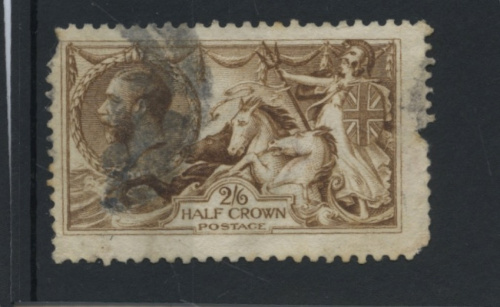 Прошедшая почту марка 2/6 кроны "Король Георг V". редкая 1915